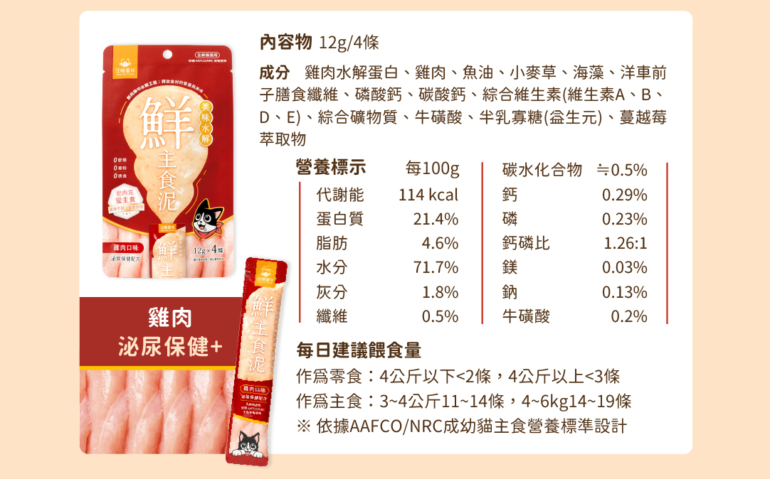 <strong>把肉泥變主食,吃多也不怕!</strong> <strong>擔心肉泥只是零食? 怕貓咪吃多挑食、不吃飯、不營養?</strong> <strong>鮮主食泥 = 比肉泥營養、比罐罐好吃! V代替零食更營養 V挑食貓補水補營養</strong> • 主食級營養:依據 AAFCO/NRC 營養標準設計 • 超高嗜口性:原肉烹調x水解工藝 • 2種機能添加 -泌尿保健:法國蔓越莓+益生元 -腸胃免疫:日本L-137益源質+羊奶 ☑ 無人工膠類 ☑ 無澱粉 ☑ 無誘食劑 ☑ 無防腐劑 ☑ 無色素