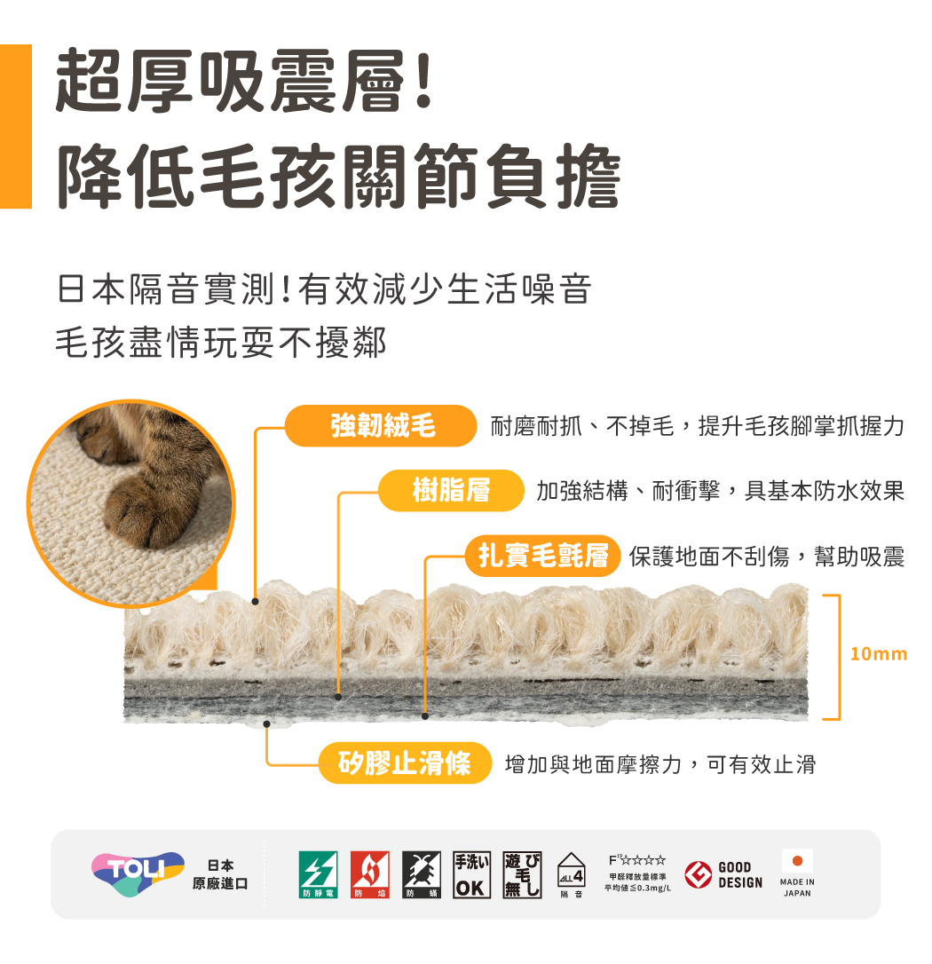 超厚吸震層,減低毛孩關節負擔